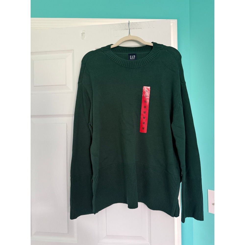 GAP Forest Green Crewneck Shaker Stitch Sweater Ribbed Cuffs Side Slits Medium